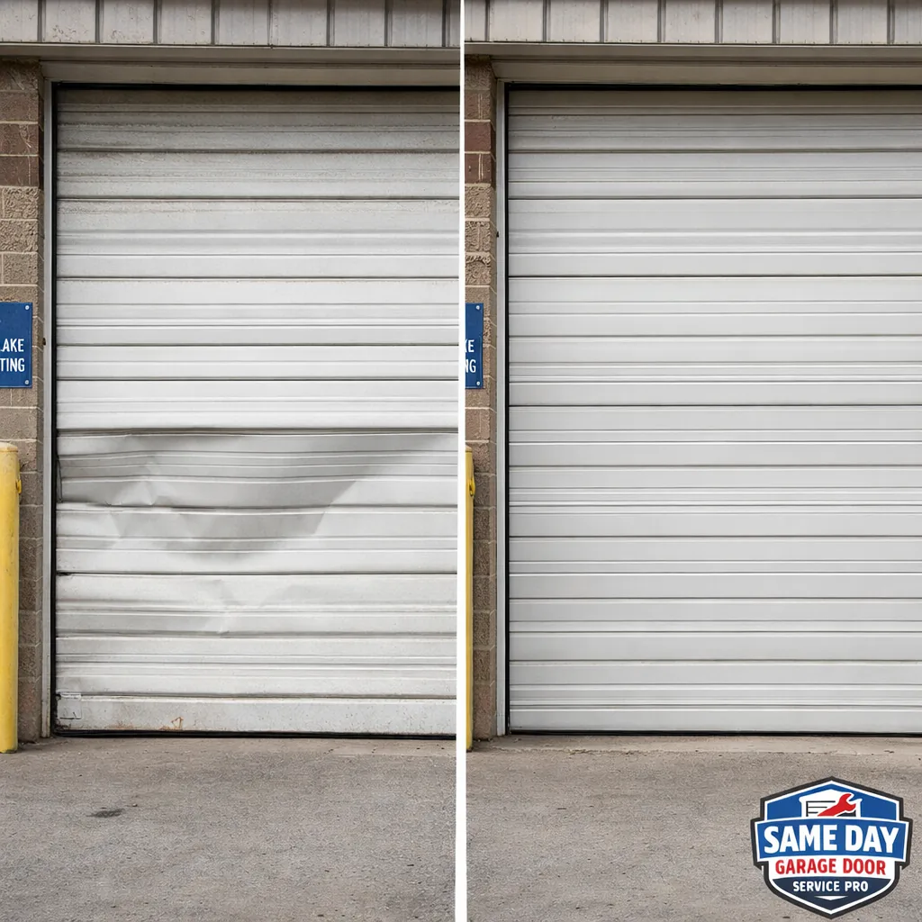 Side-by-side of a dented commercial rollup door slat before repair and the same door after panel replacement, on a Salt Lake City warehouse.