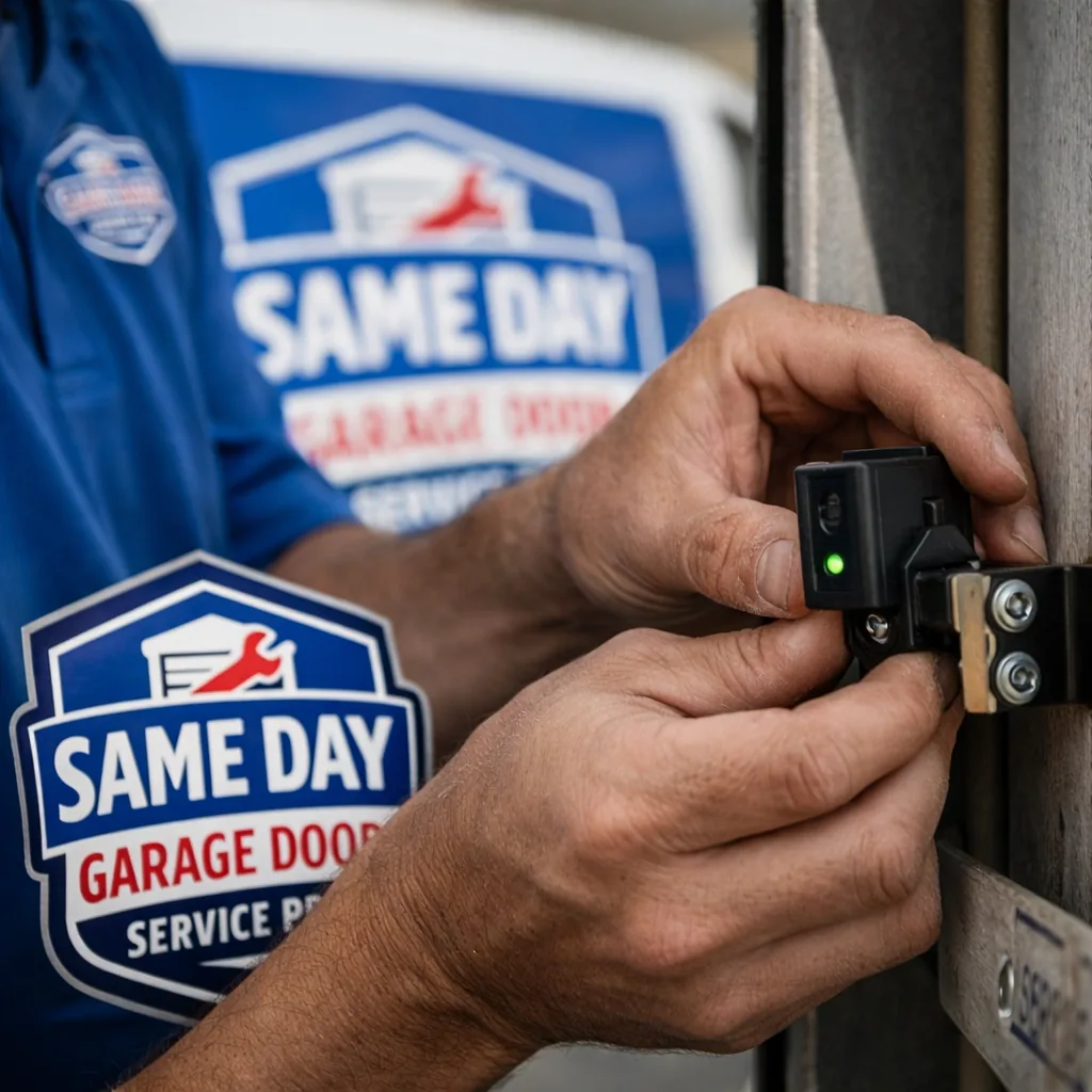 Close-up of a technician's hands realigning a photo-eye safety sensor on a commercial garage door opener.