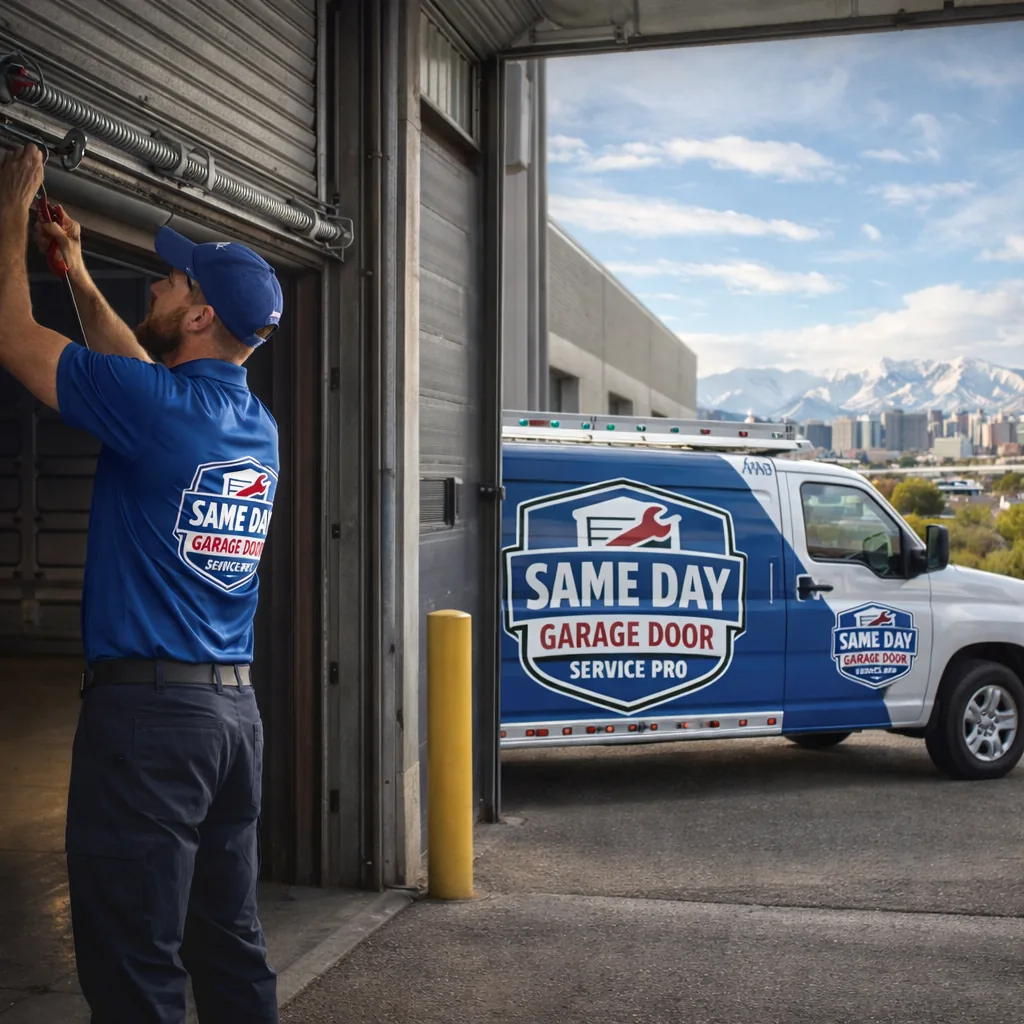 A uniformed technician working on a large steel rollup commercial garage door at a warehouse loading dock in Salt Lake City, truck visible nearby.