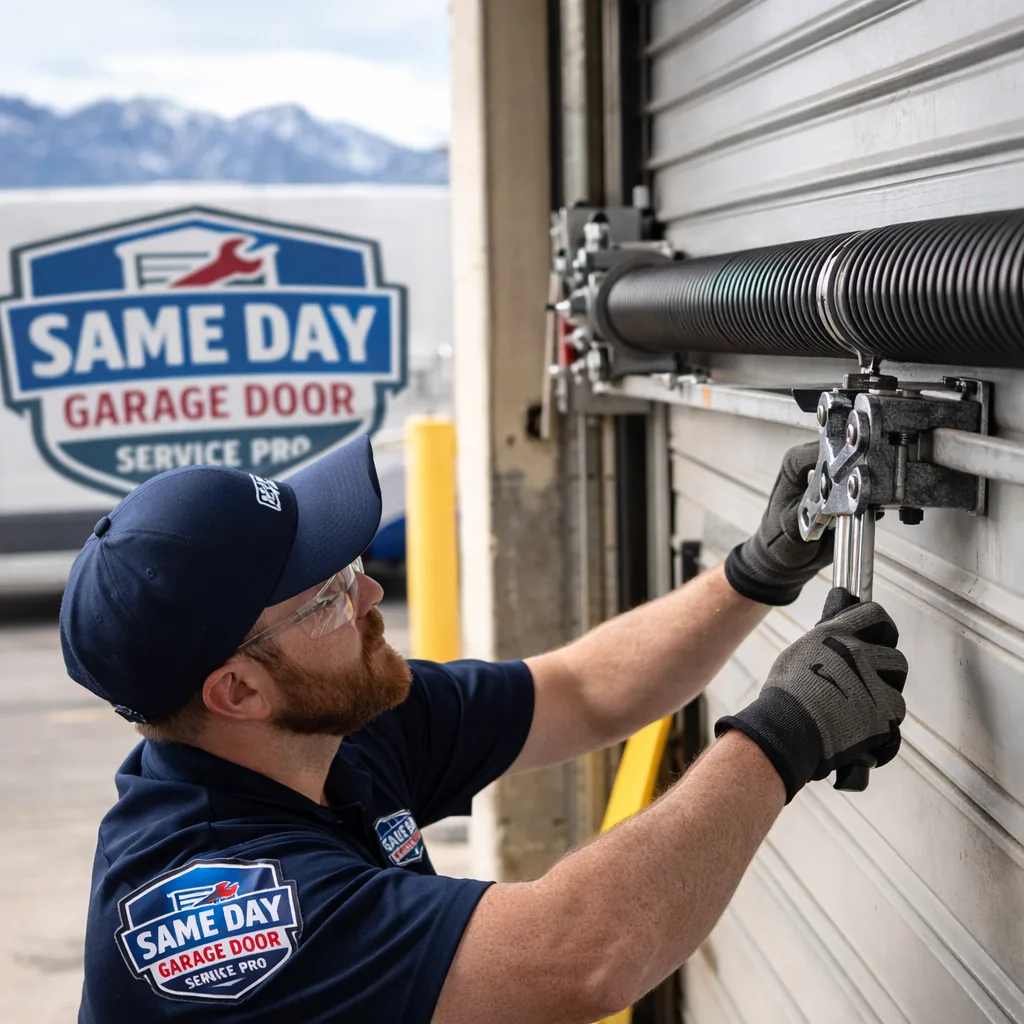 Close-up of a technician adjusting the torsion spring assembly on a commercial steel rollup door at a Salt Lake City loading dock.