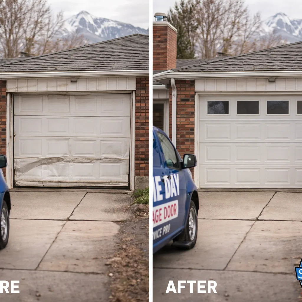 Side-by-side of a worn, dented single-car garage door before replacement and the new insulated steel door installed in its place on a Sugar House home.