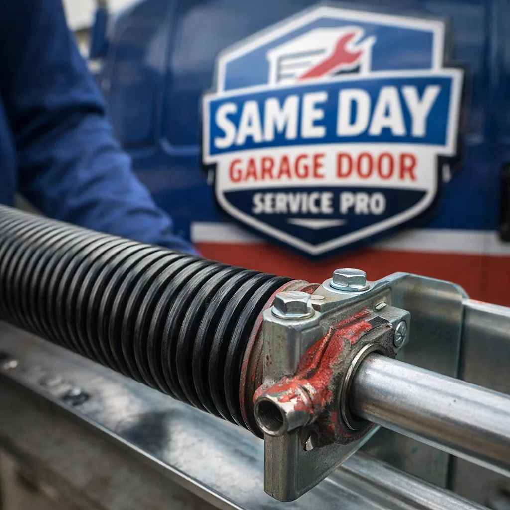 Close-up of a new torsion spring and track hardware, properly aligned and balanced after installation.