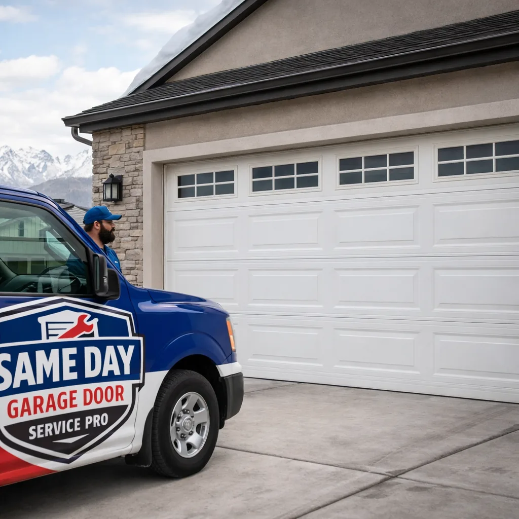 A newly installed insulated steel garage door on a Salt Lake City area home, closed and freshly fitted, photographed in daylight to show a clean, even fit against the trim.