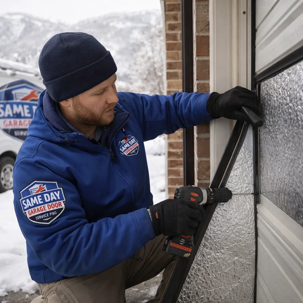 A technician installing weatherstripping and an insulation panel on a garage door during a Salt Lake City winter, showing close attention to sealing the opening against cold air.