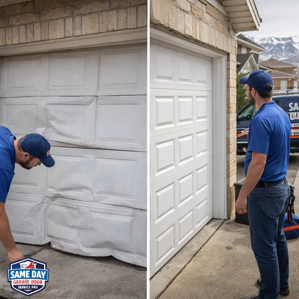 Side-by-side comparison: a worn, dented, single-layer garage door next to the same garage with a new insulated double-layer door installed.