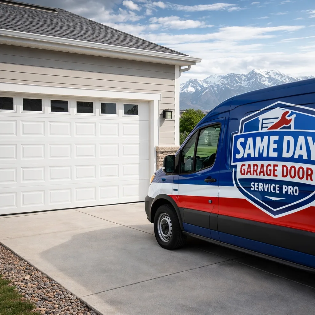 Wide exterior shot of a newly installed white insulated garage door on a Salt Lake Valley home, door fully closed with a clean finish, mountains visible in the background.