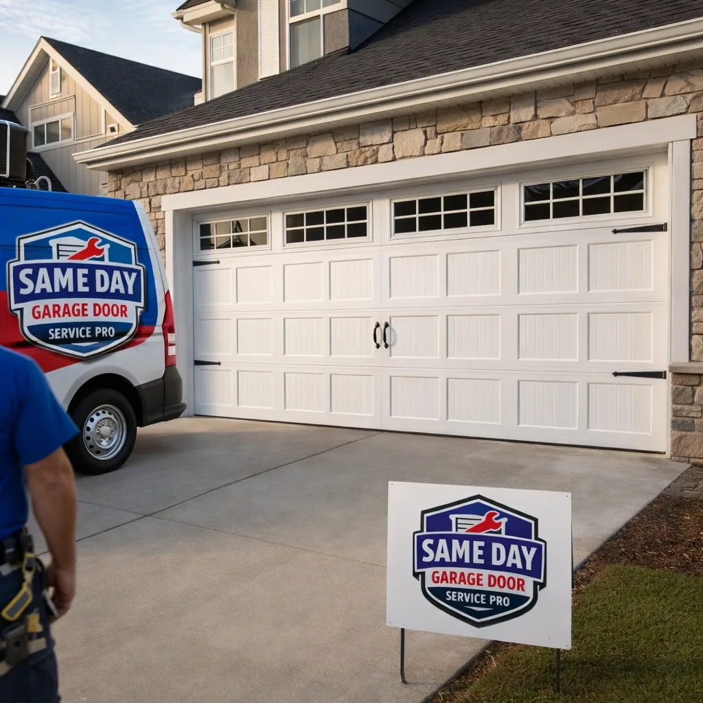 A modern carriage-style garage door installed on a two-car garage of a newer Sandy or Draper style home, driveway leading up to the door.