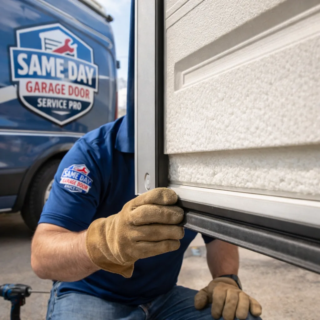 Close-up detail shot of an insulated garage door panel, showing the foam core and a tight weatherstripping seal along the bottom edge.