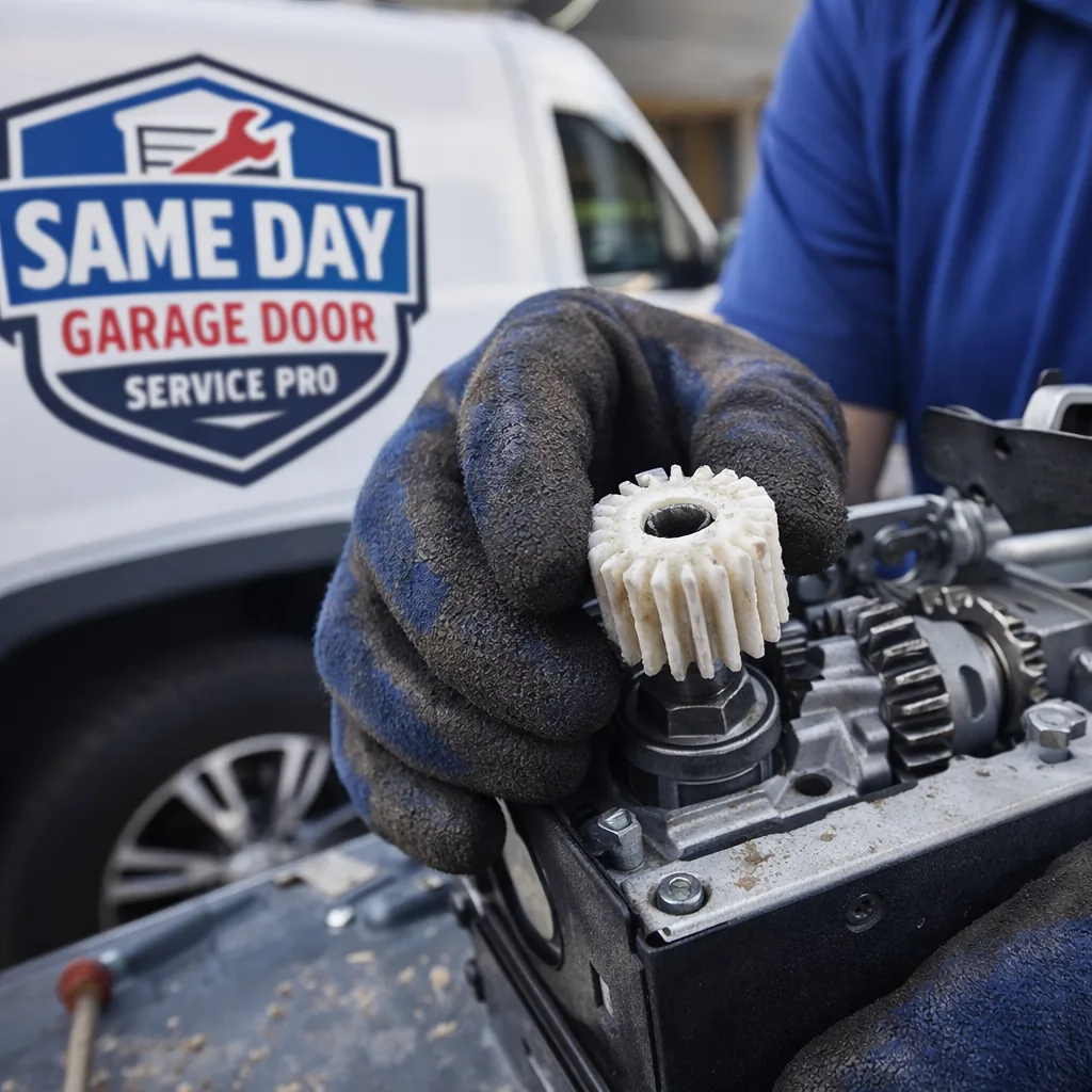 Close-up of a technician's gloved hands replacing a worn plastic drive gear inside an open garage door opener motor housing.
