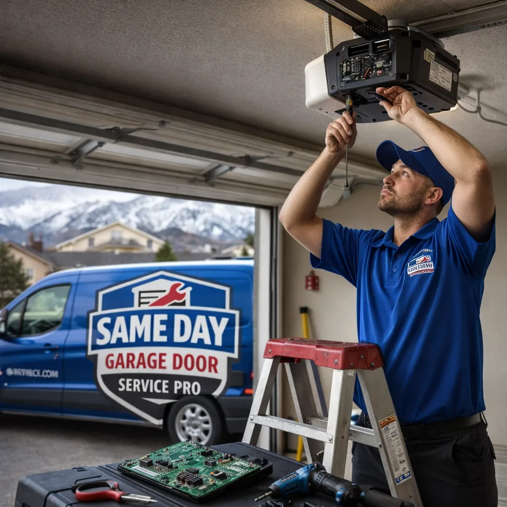 A uniformed technician on a stepladder working on an overhead garage door opener motor mounted to a residential garage ceiling, with a replacement logic board and hand tools visible nearby.