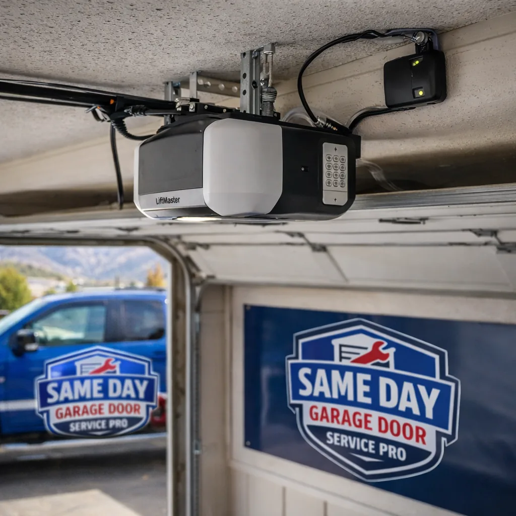 A newly installed smart garage door opener with keypad and Wi-Fi hub mounted on a residential garage ceiling, wiring neatly secured.