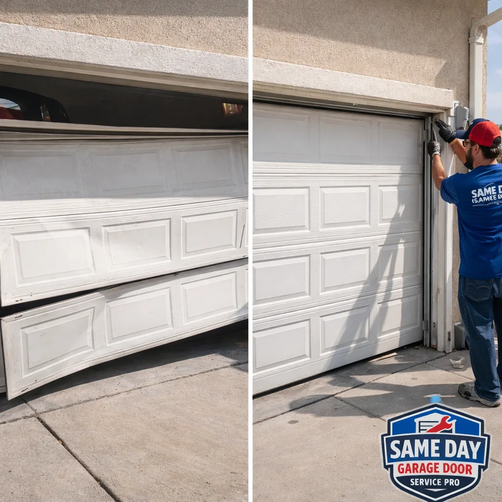 Side-by-side of a sagging, off-track residential garage door before repair and the same door running smoothly on new rollers after repair.