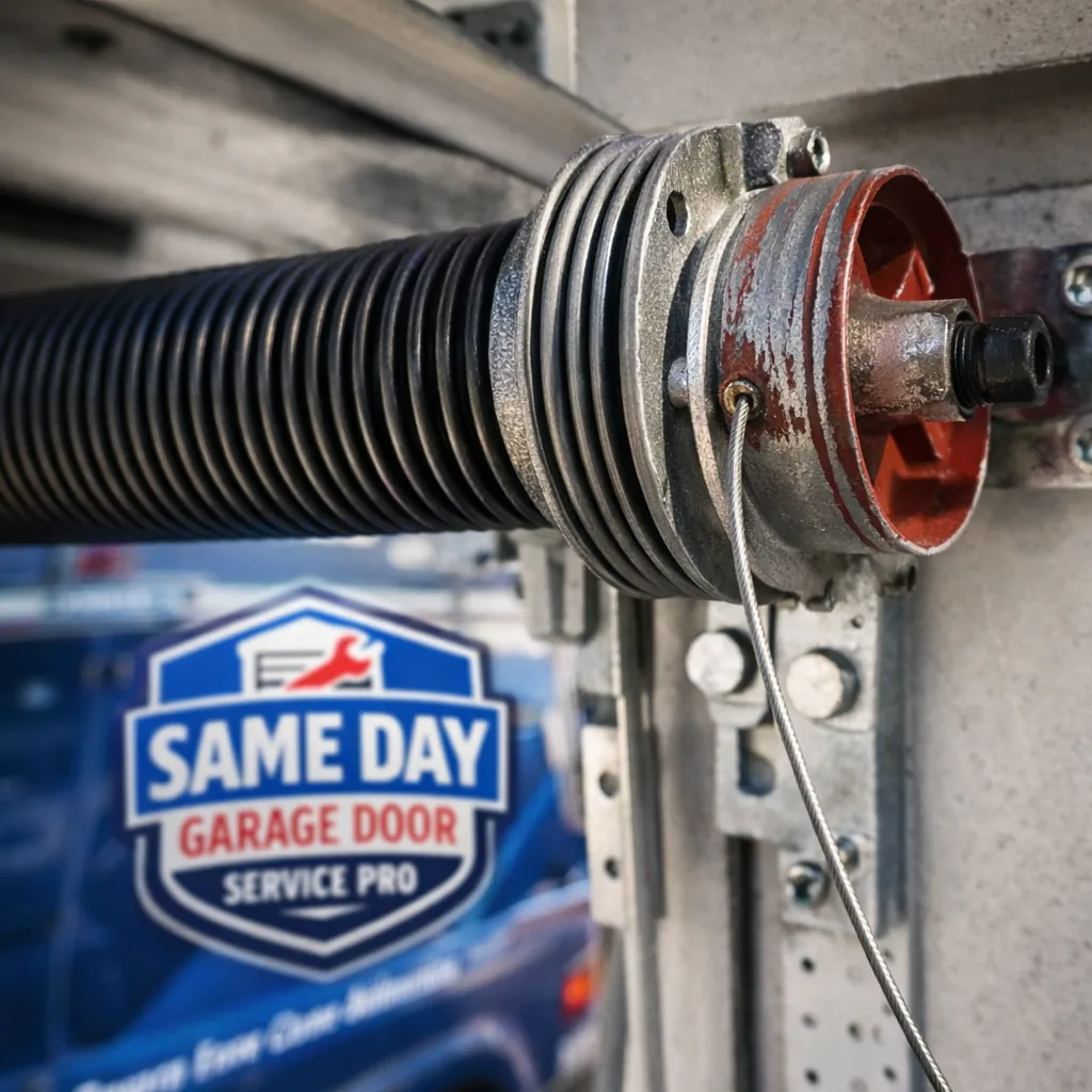 Close-up photo of a torsion spring and cable drum mounted above a residential garage door, showing the coil and mounting hardware in daylight.