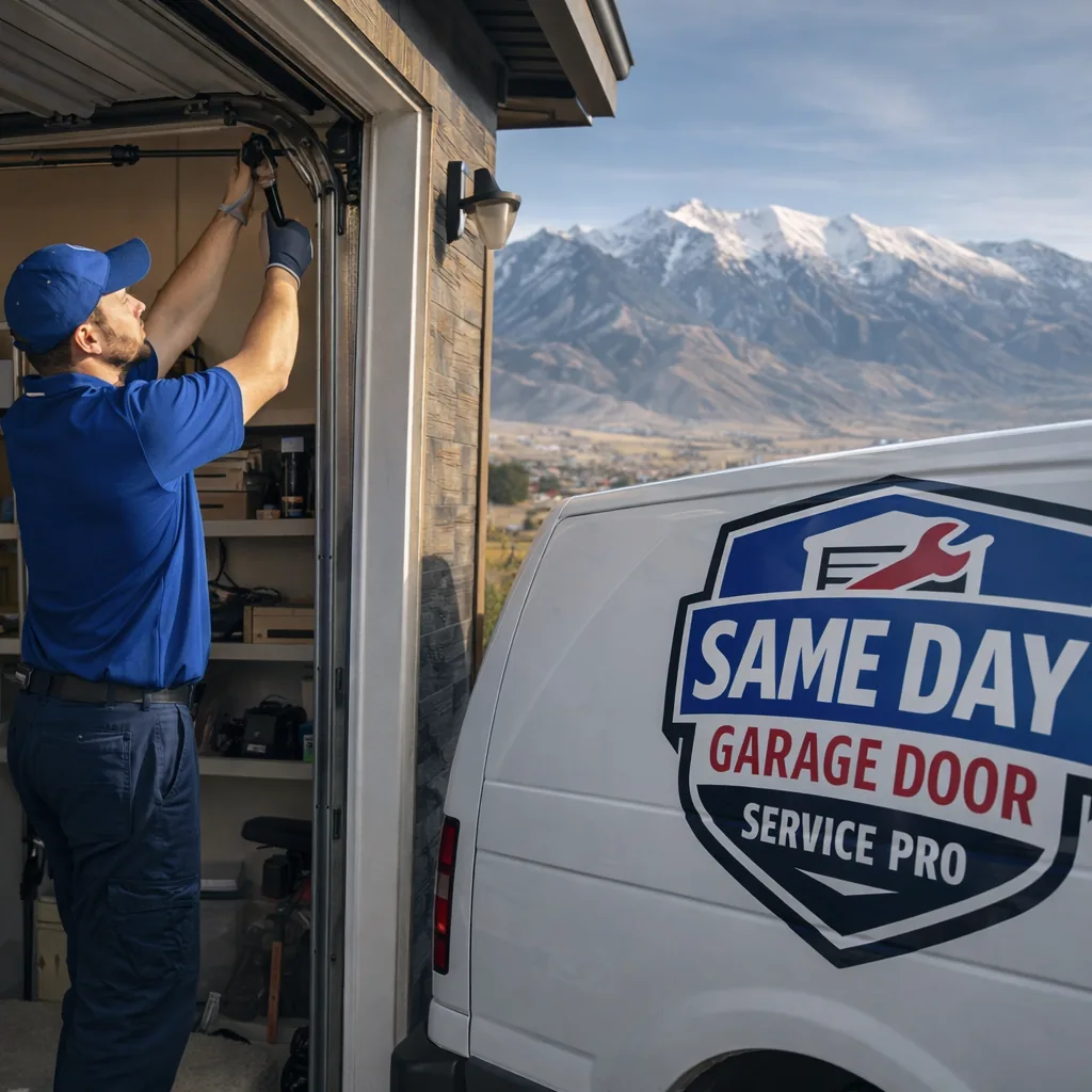 A uniformed technician working on an open residential garage door in American Fork, with the Wasatch mountains visible in the background.