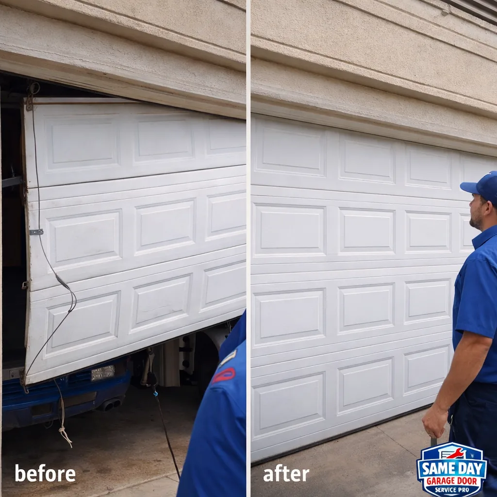 Side-by-side of a sagging garage door with a snapped cable before repair, and the same door running level and square after the repair.