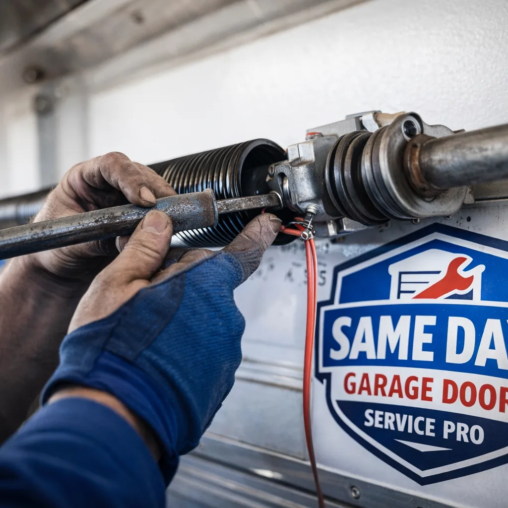 Close-up of a technician's hands installing a new torsion spring on the shaft above a garage door.