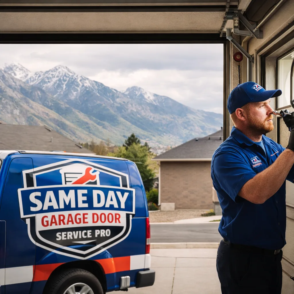 A uniformed Same Day Garage Door Service Pro technician working on an open garage door at a Bountiful home, with the Wasatch Mountains visible in the background.