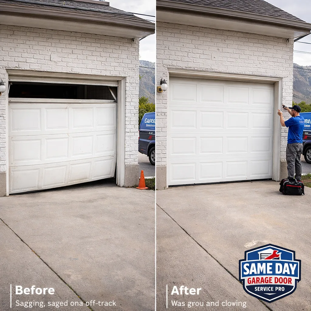 Side-by-side before and after photos of a Draper garage door: sagging and off-track on the left, realigned and closing evenly on the right.