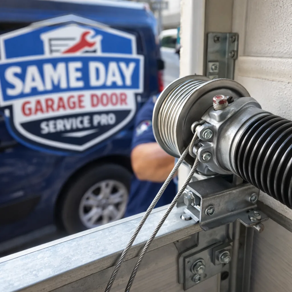 Close-up of a freshly installed torsion spring and cable assembly on a residential garage door, showing clean, professional hardware work.