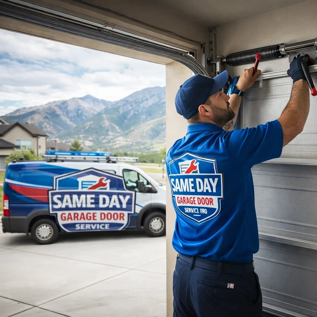 A uniformed technician repairing a residential garage door torsion spring system on a Draper home, with mountain foothills visible in the background.