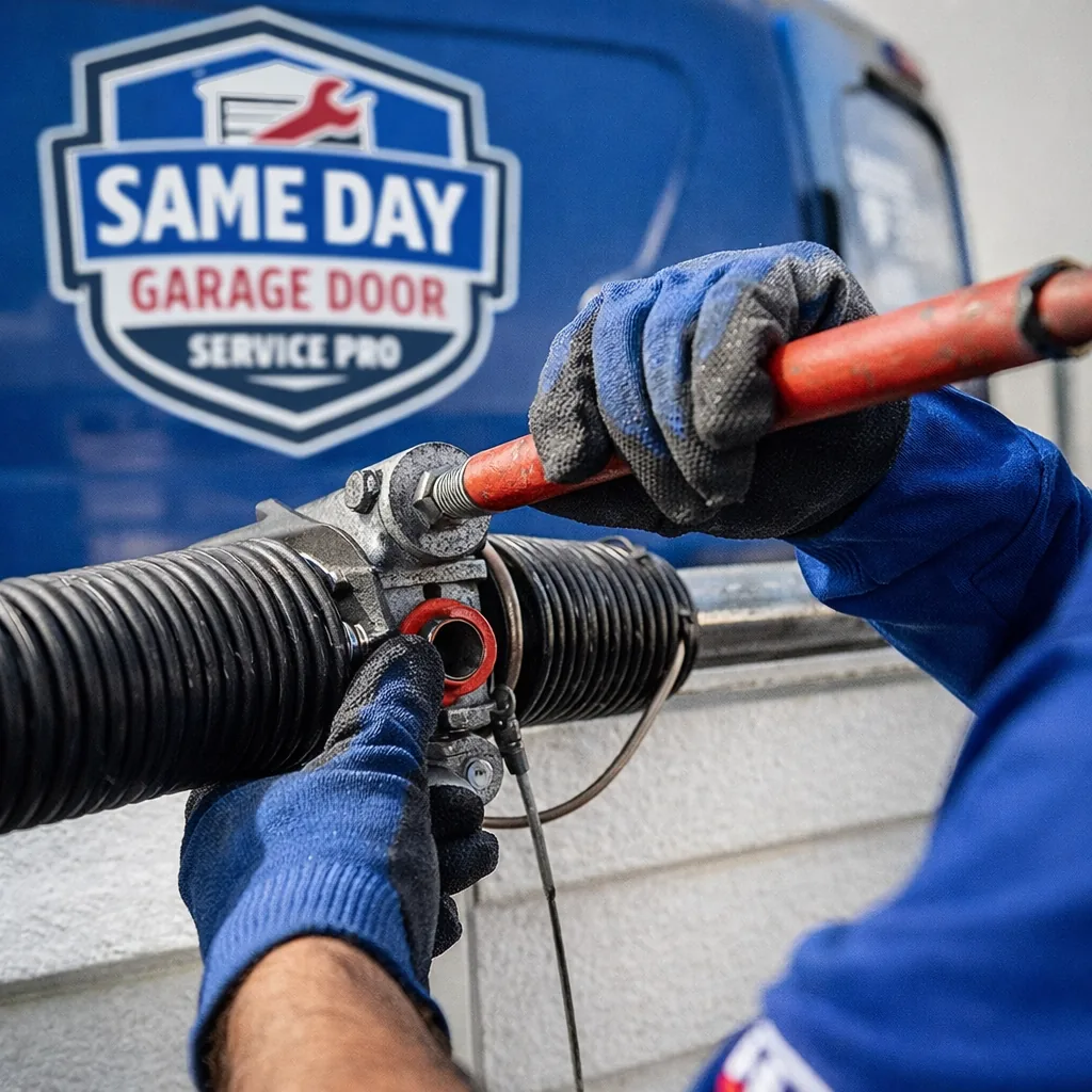 A close-up of a technician's gloved hands winding a torsion spring above a residential garage door, with the cable and drum assembly clearly visible.