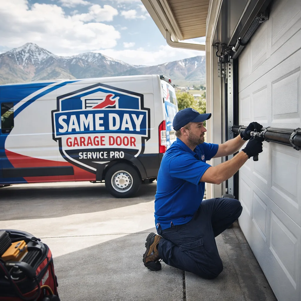 A technician kneeling beside a residential garage door in a Farmington driveway, working on the spring and track assembly with the Wasatch foothills visible in the background.