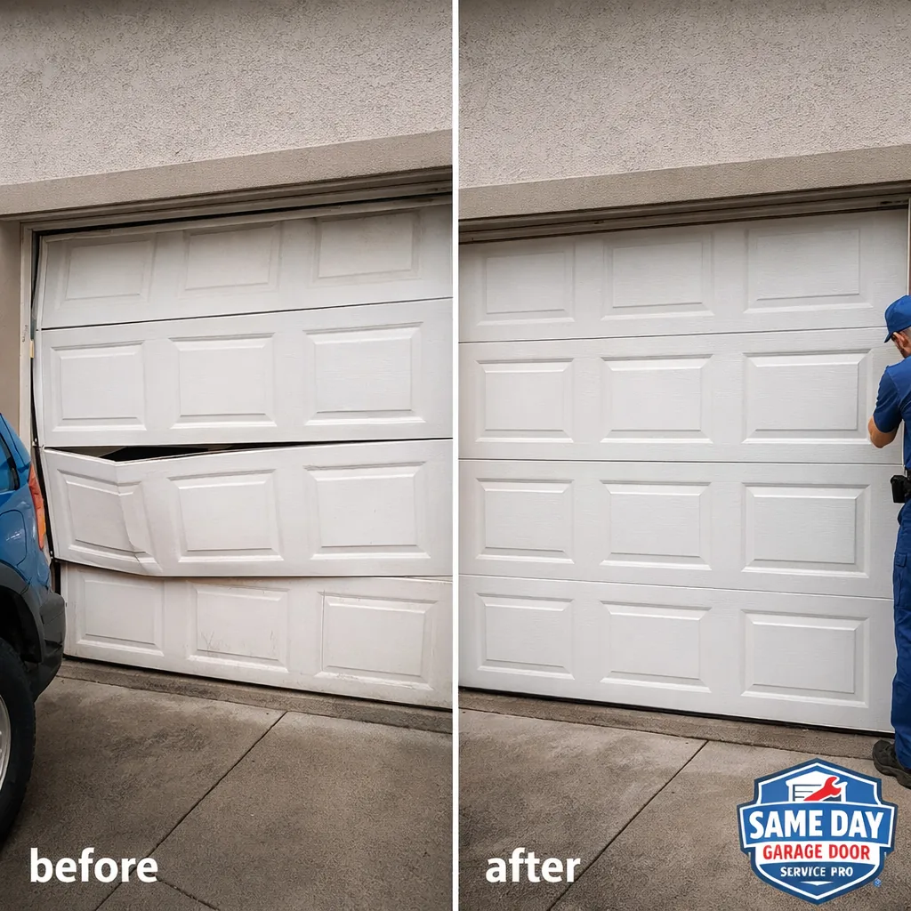 Side-by-side comparison of a garage door with a sagging, off-track panel before repair, and the same door hanging straight and closing evenly after repair.