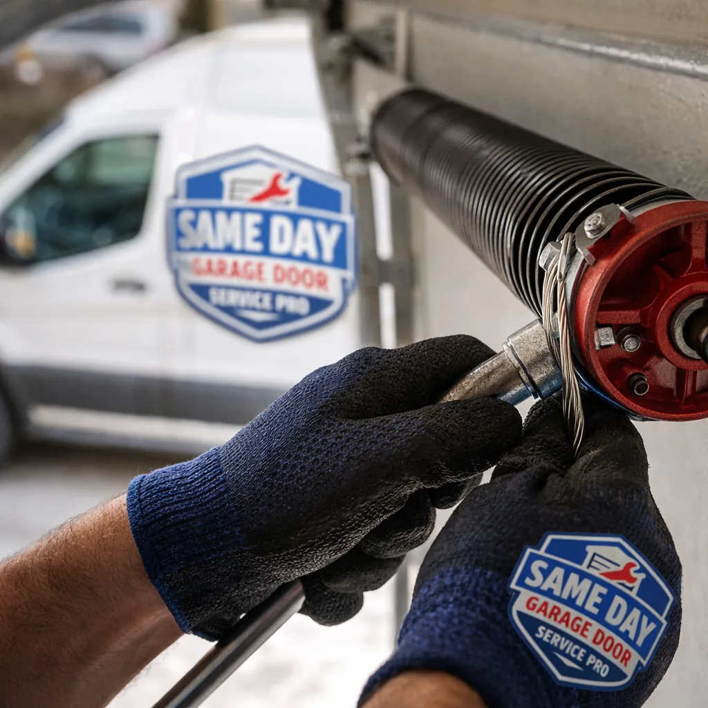 Close-up of a technician's gloved hands installing a new torsion spring and cable drum on a garage door header.