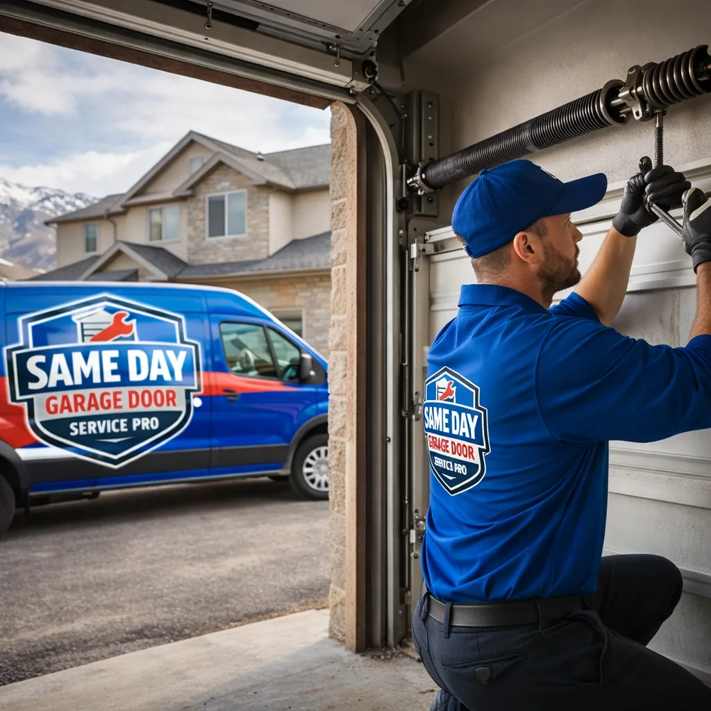 A uniformed technician kneeling beside an open residential garage door, working on a torsion spring assembly, with a two-story suburban home and foothill terrain visible in the background, daytime.
