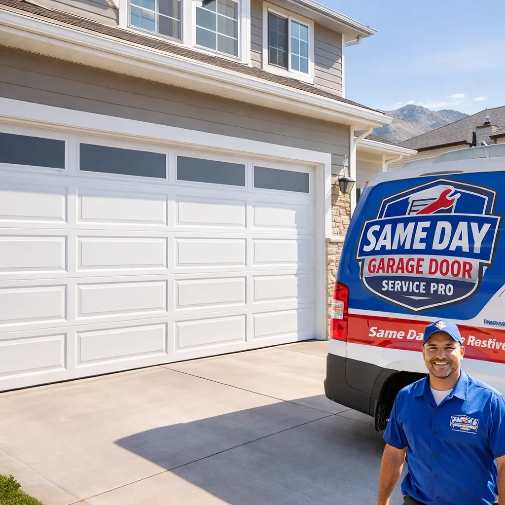 A clean, modern two-car garage door on a newer suburban home, matching the neighborhood's architectural style, shot on a sunny day.