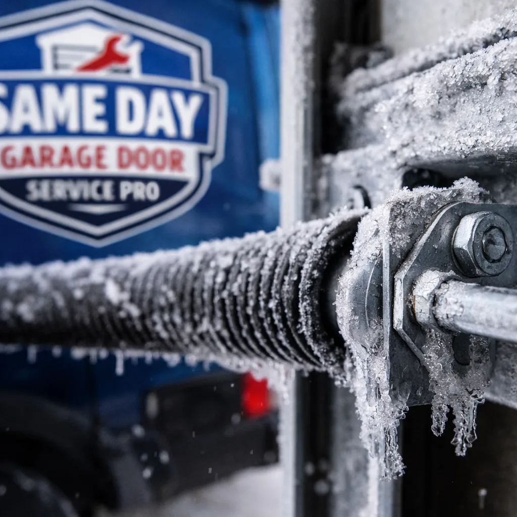 Close-up of a frost-covered garage door torsion spring and track hardware in winter, with ice visible near the roller.