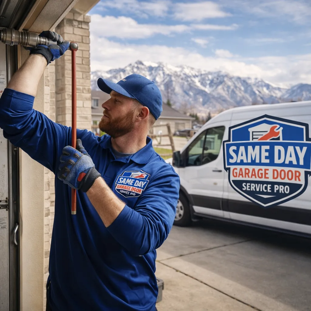 A technician from Same Day Garage Door Service Pro repairing a residential garage door torsion spring on a Kaysville home, with mountains visible in the background.
