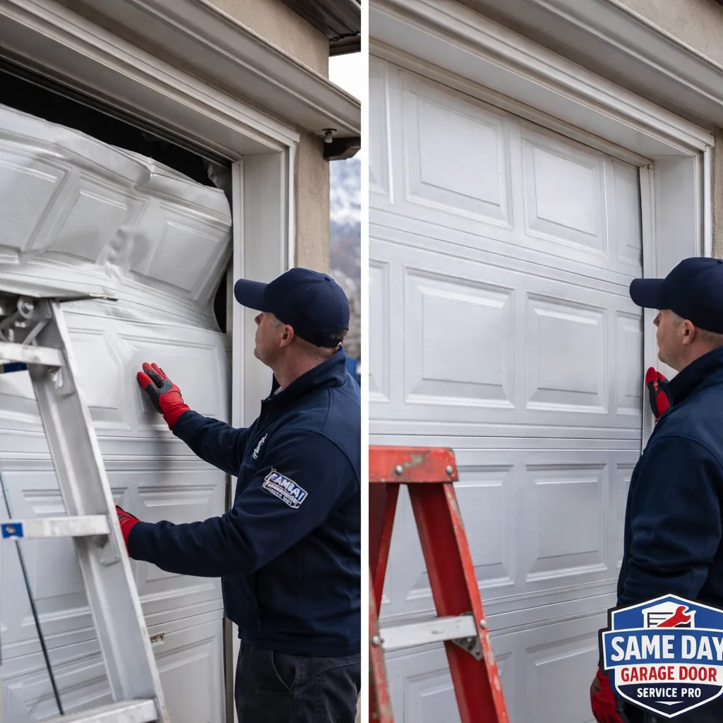 Before and after photos of a garage door panel that was bent and off its track, shown straightened and rehung correctly.