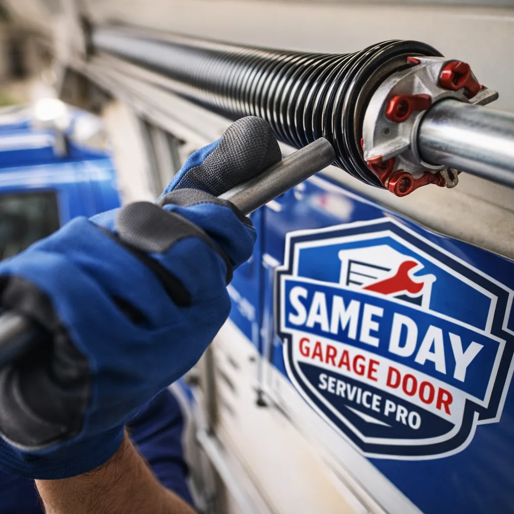 Close-up of a technician's gloved hands winding a new torsion spring on the bar above a residential garage door.
