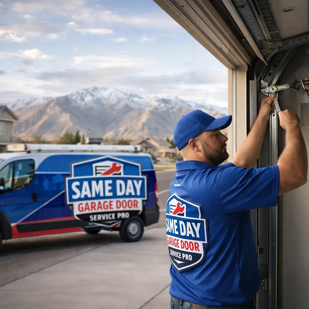 A uniformed technician working on an open residential garage door in Layton, with the Wasatch Mountains visible in the background.