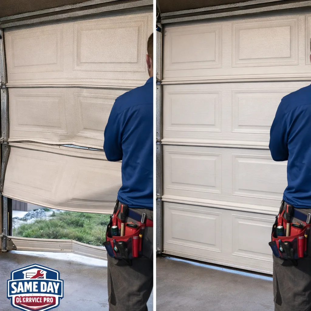 Side-by-side of a garage door with a bent, off-track panel before repair and the same door running smoothly on realigned tracks after repair.