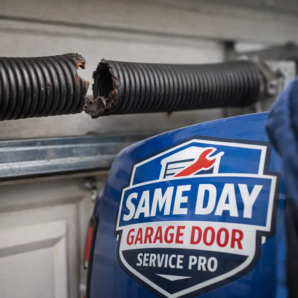 Close-up photo of a broken residential garage door torsion spring above the door track, showing the separated coil.