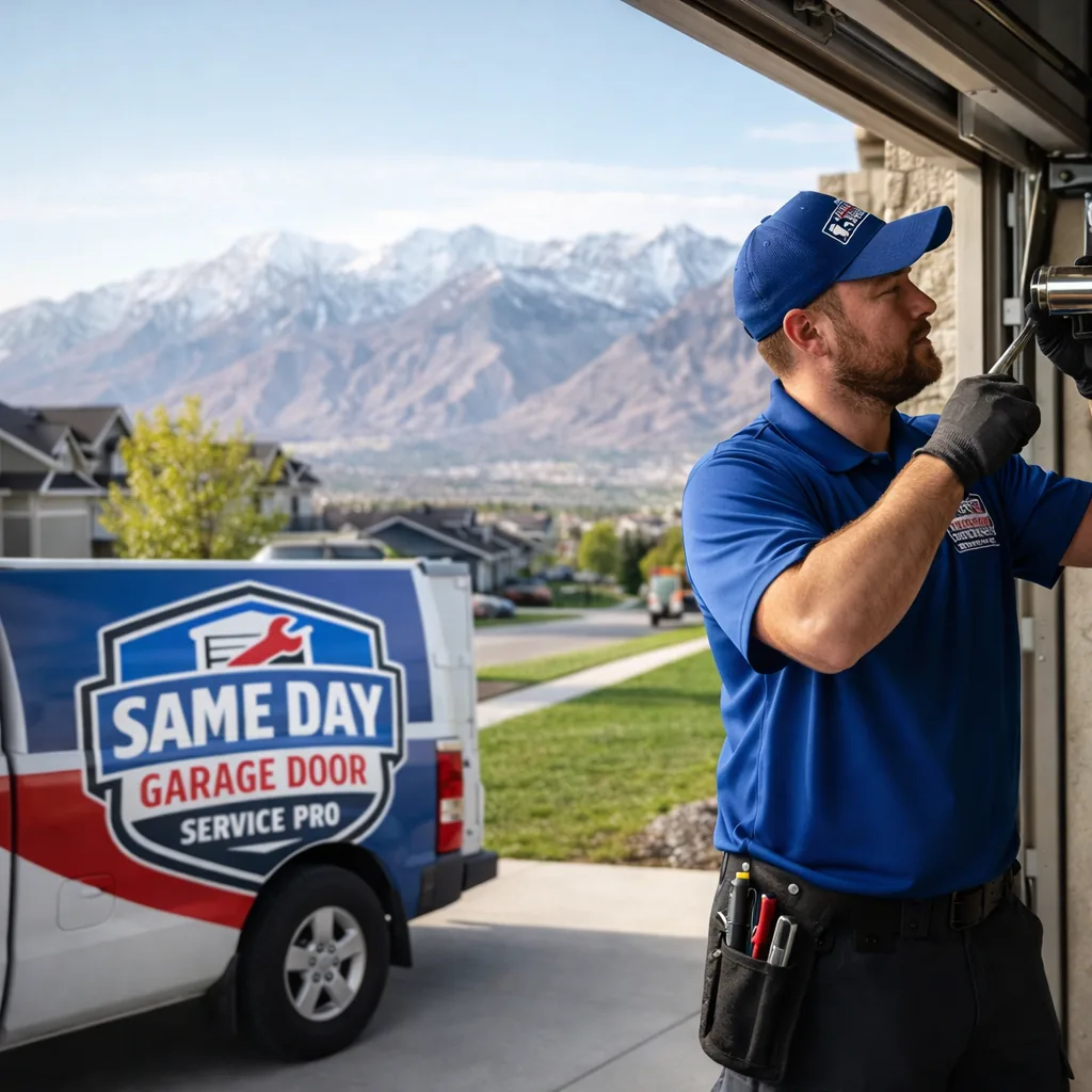 A uniformed Same Day Garage Door Service Pro technician working on a residential garage door in a Lehi neighborhood driveway, with the Wasatch mountains visible in the background.