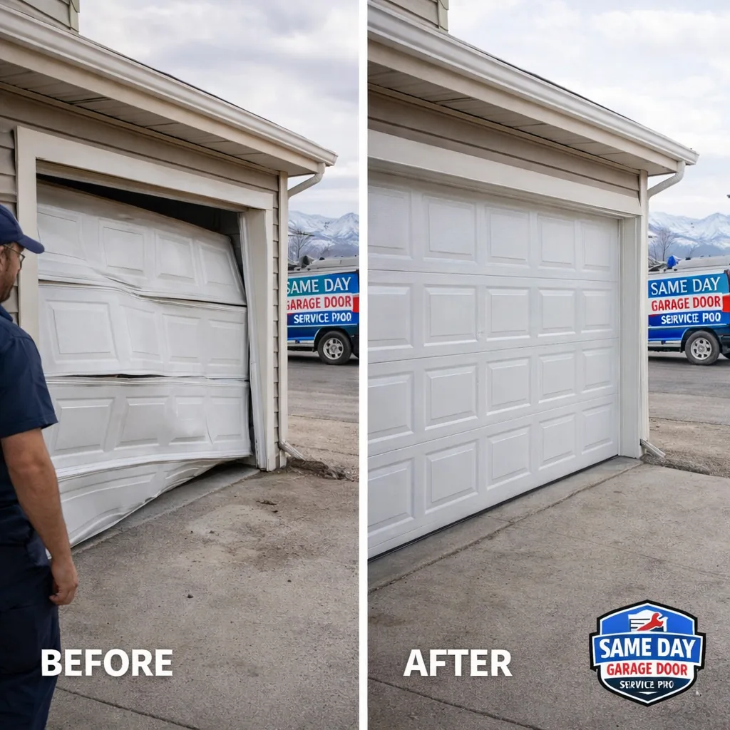 Before and after shots of a residential garage door: before showing a bent track and off-track panel, after showing the same door repaired, aligned, and closing properly.