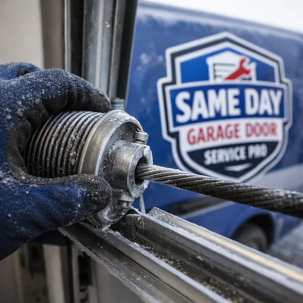 Close-up of a technician's gloved hand inspecting a torsion spring and cable drum on a residential garage door in cold weather, with frost visible on the metal track.