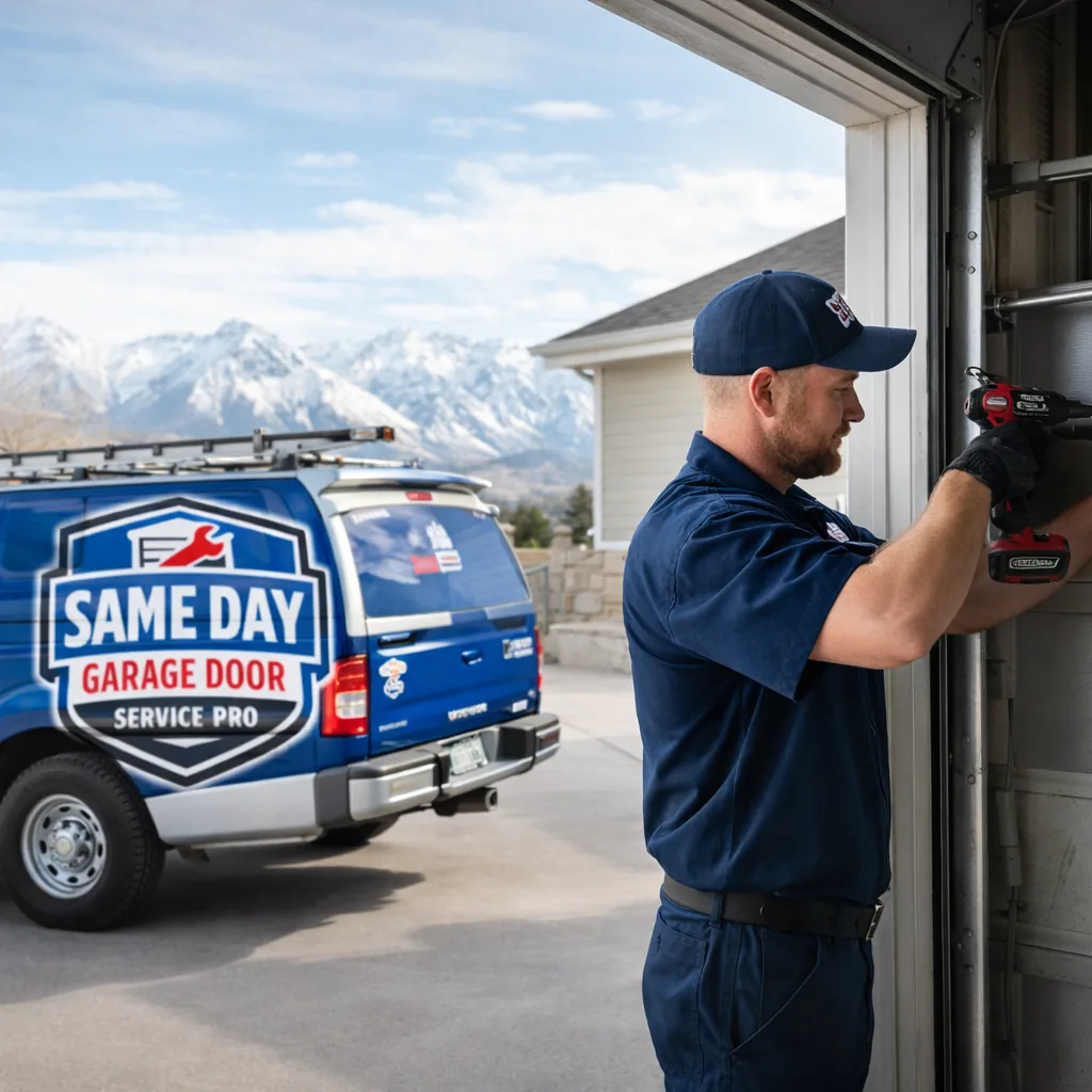 A uniformed Same Day Garage Door Service Pro technician repairing a residential garage door in Murray, Utah, with the Wasatch mountains visible in the background.
