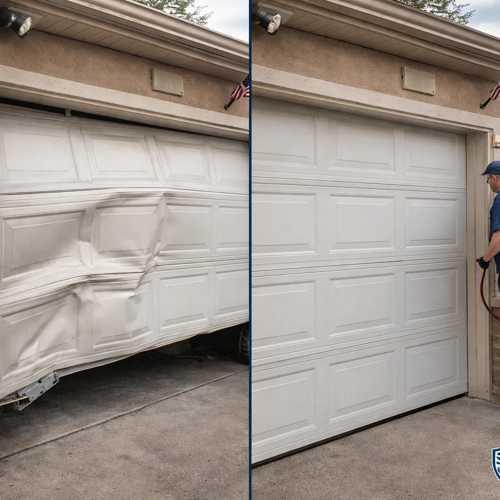 Side-by-side of a dented, off-track garage door panel before repair and the same door straightened and running smoothly after service.