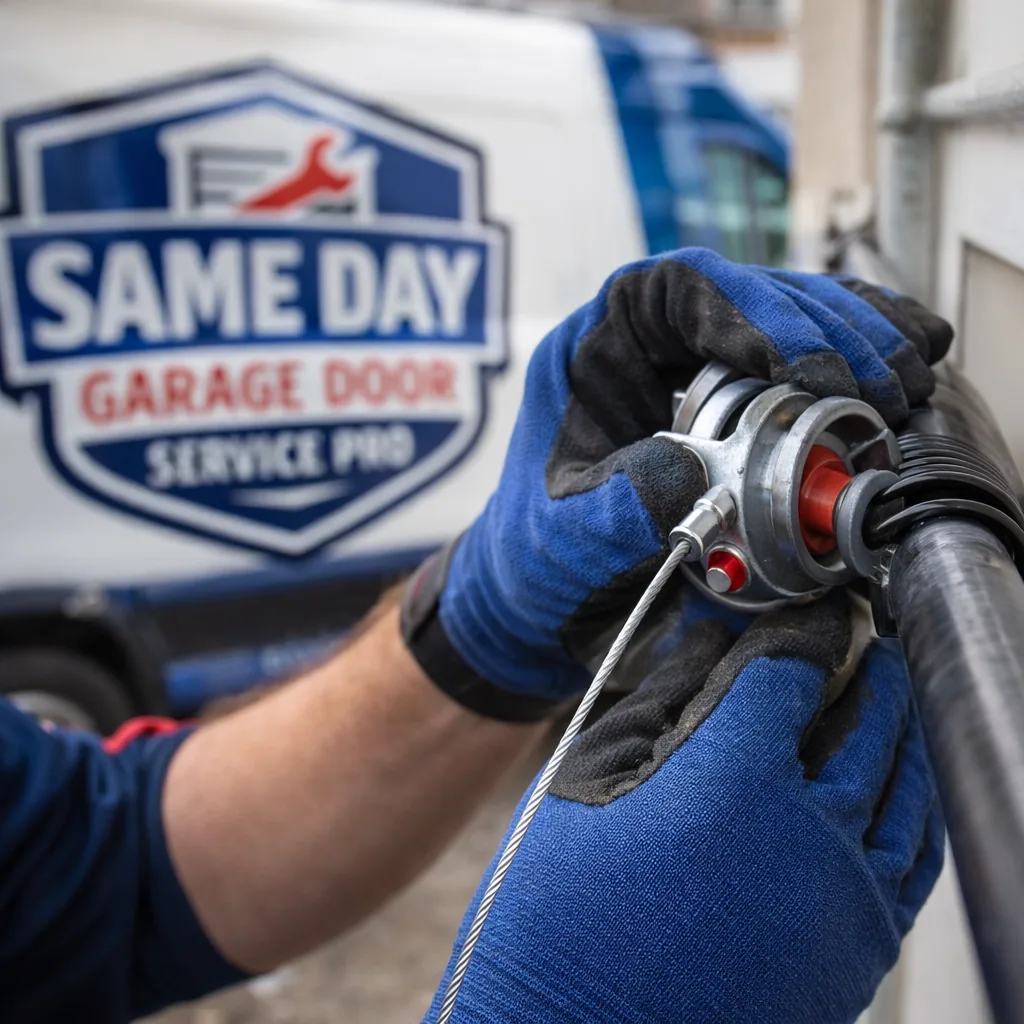 Close-up of a technician's gloved hands installing a new torsion spring on a garage door torsion bar, showing the winding cone and safety cable.