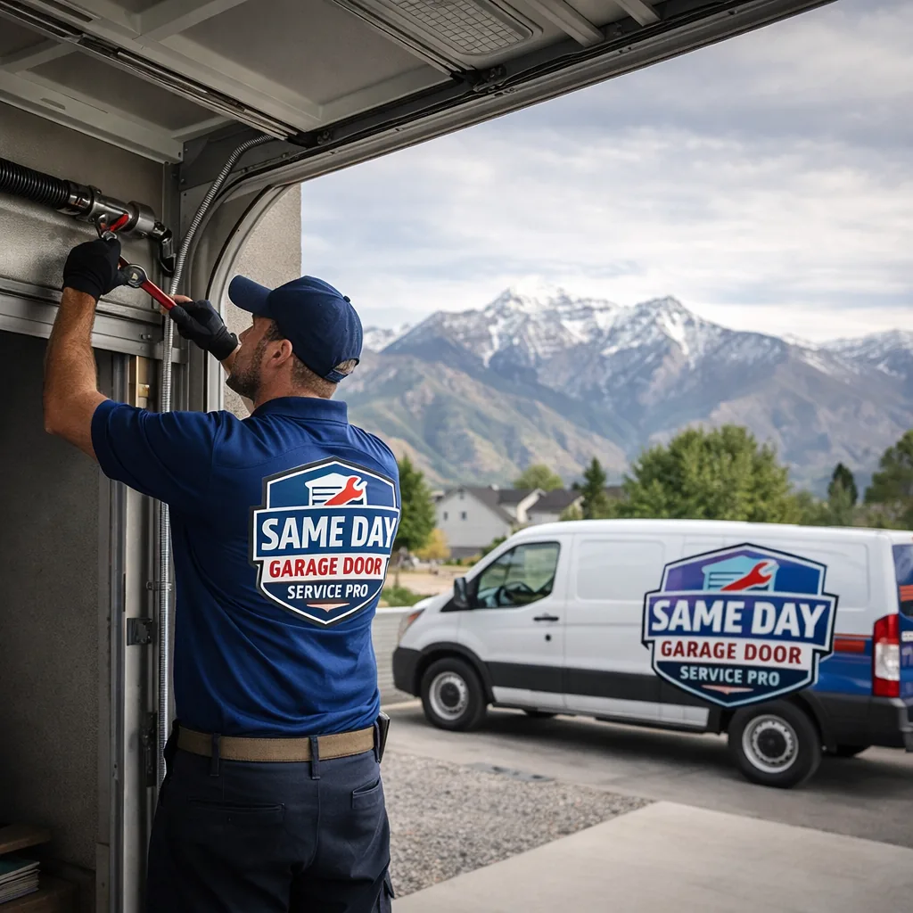 A uniformed technician working on an open garage door torsion spring system at a residential home in Ogden, UT, with the Wasatch mountains visible in the background.