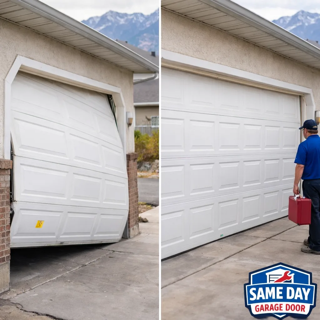 Side-by-side of an off-track garage door leaning in its frame before repair, and the same door running straight and level after realignment.