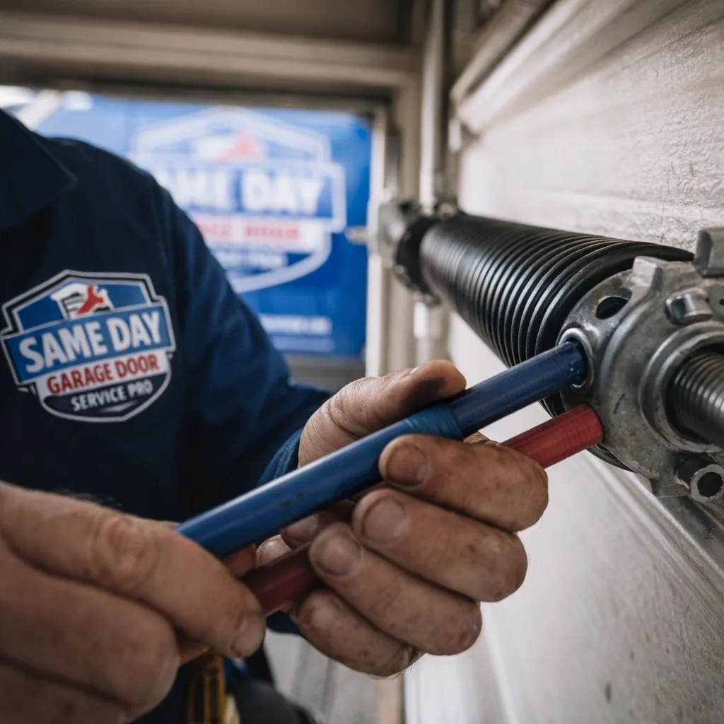 Close-up of a technician's hands setting the tension on a new torsion spring above a garage door.