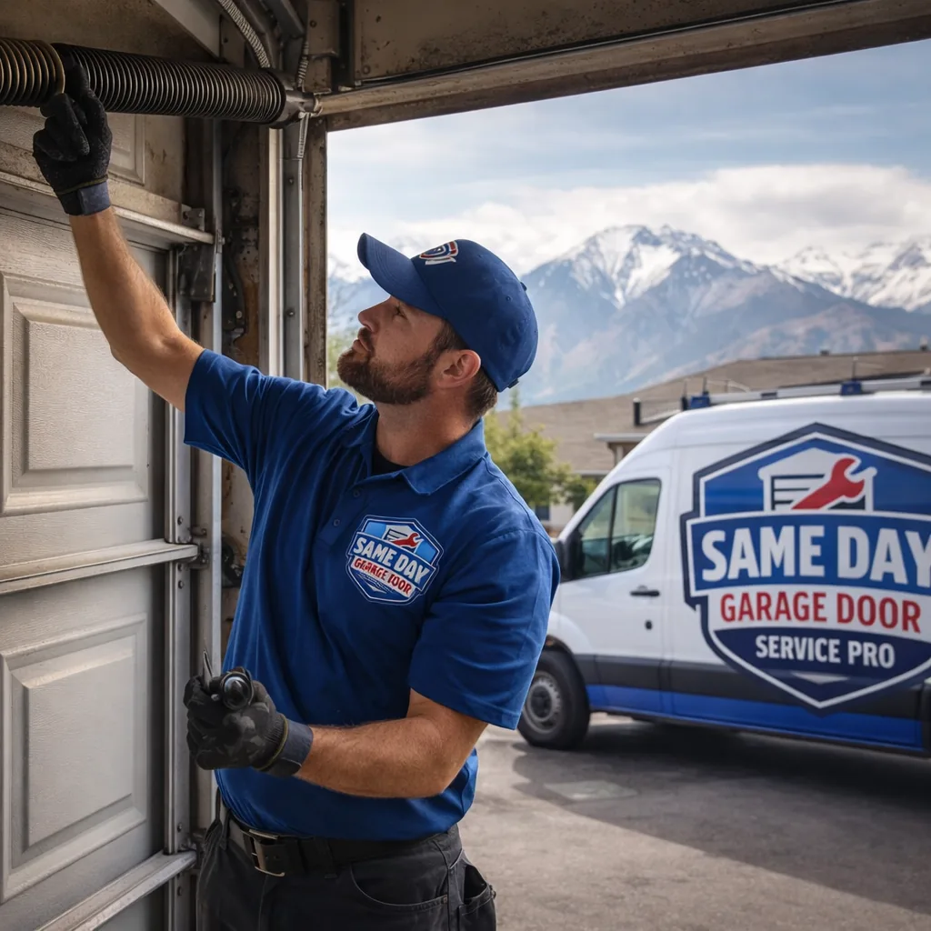 A uniformed Same Day Garage Door Service Pro technician inspecting a torsion spring above a residential garage door in an Orem driveway, with the Wasatch mountains in the background.