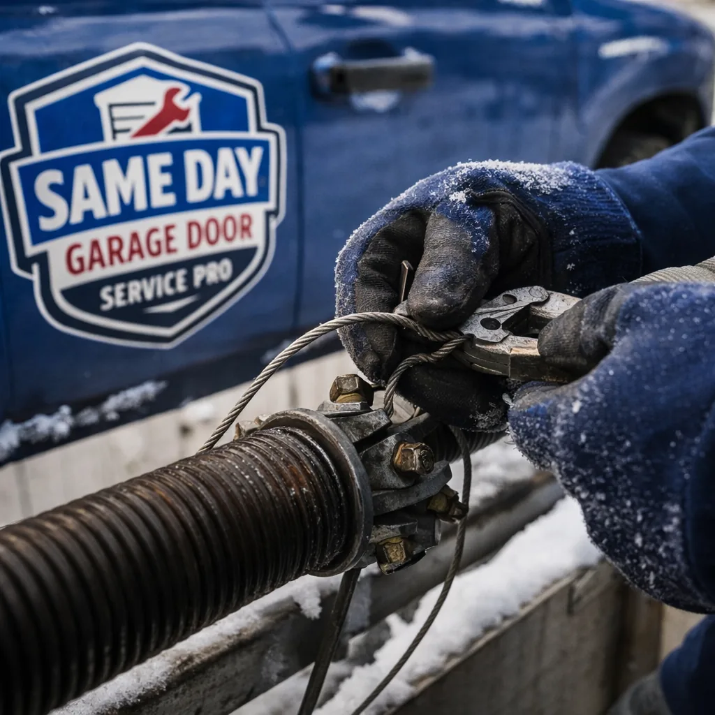 Close-up of a technician's gloved hands repairing a worn, slightly rusted garage door torsion spring and cable assembly, cold-weather context visible.