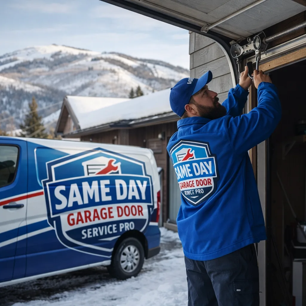 A uniformed Same Day Garage Door Service Pro technician working on an open residential garage door at a Park City home, snow-dusted mountains visible behind the roofline.