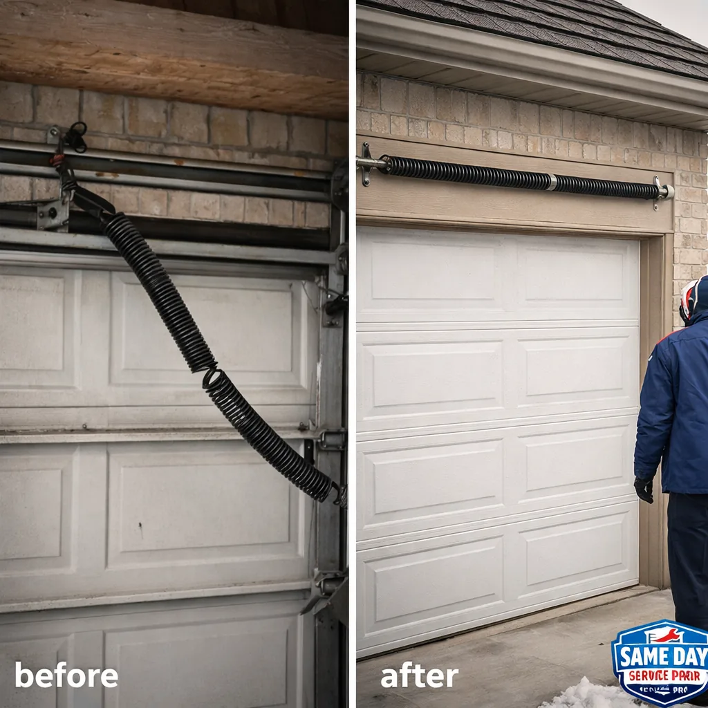 Side-by-side of a garage door with a snapped, sagging torsion spring next to the same door after a new spring was installed, hanging level and closed, at a Provo home.